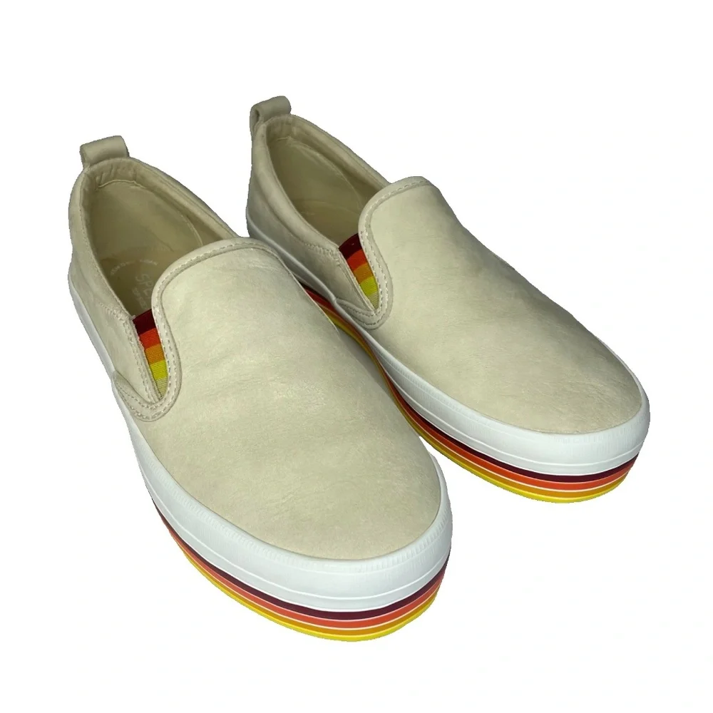 Sperry Top Sider Boat Shoes Womens 7.5 Tan Rainbow Pride Slip On Leather Sneaker